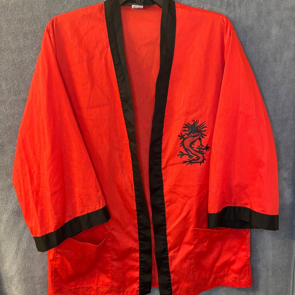 VTG 70s Sears Asian Dragon Kimono Robe Red Black Trim Medium Made in USA